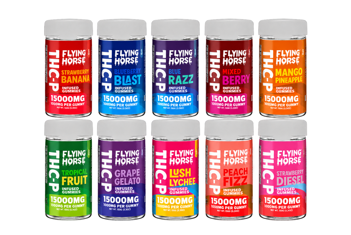 Flying Horse THC-P infused gummies in ten flavors on transparent background